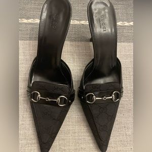 Gucci Black GG Canvas and Leather Horse-bit Pointed Toe Mules